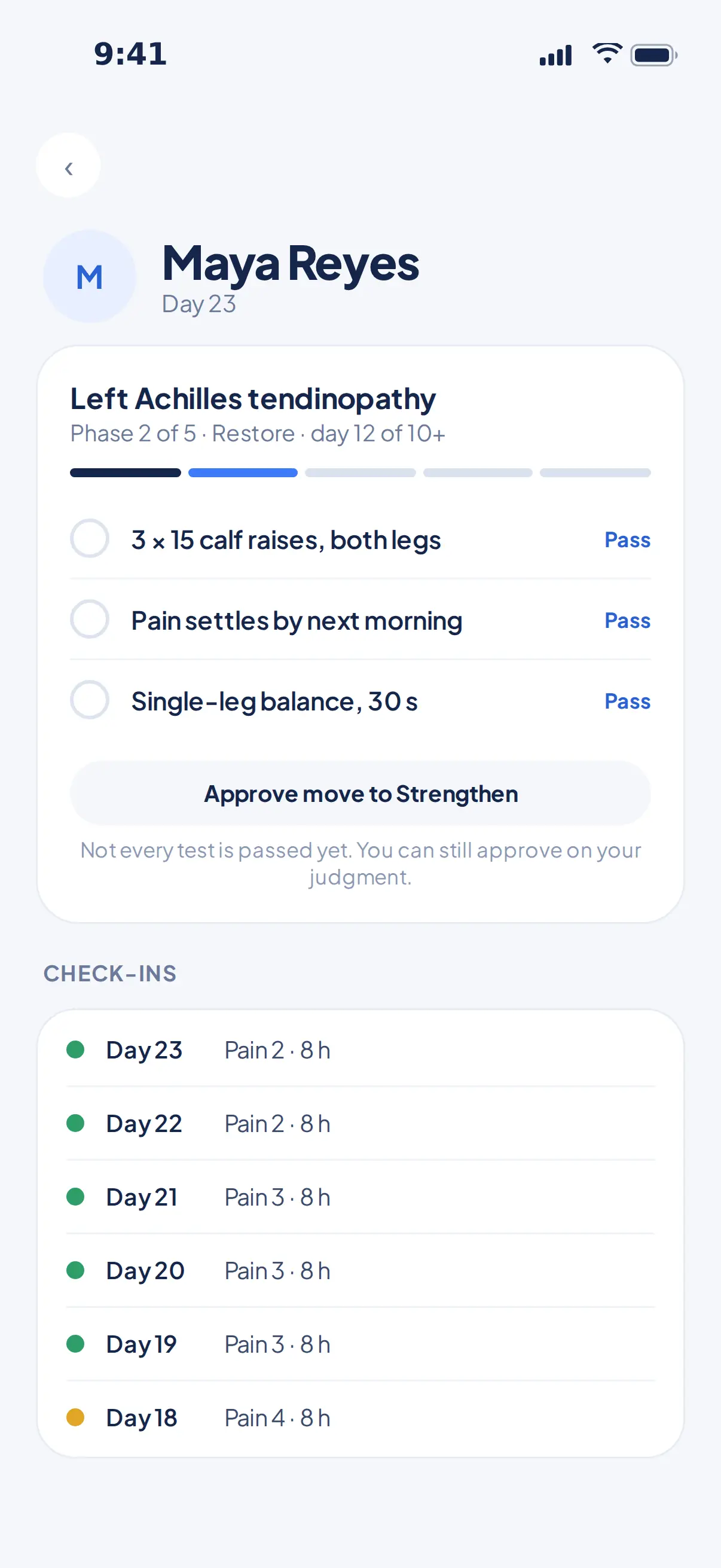 Trainer view of one athlete: phase tests and daily check-ins