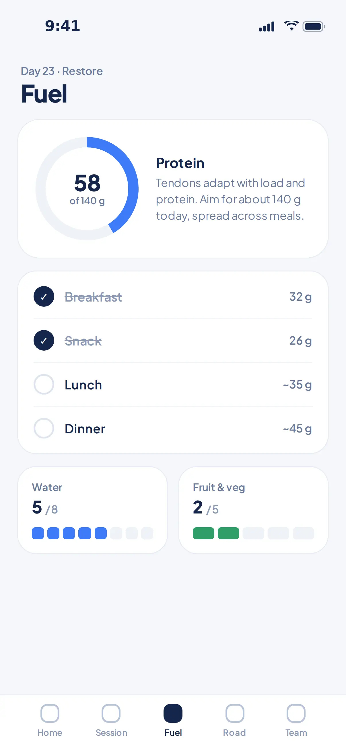 Tendonly Fuel tab: protein 58 of 140 grams and today's meals