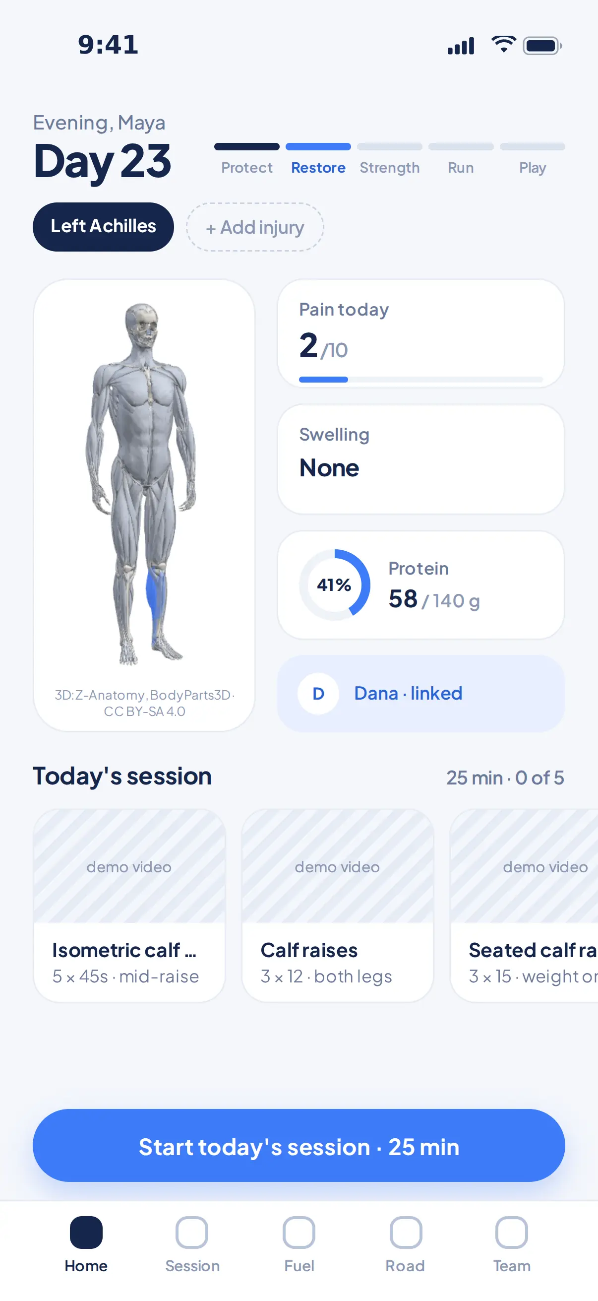 Tendonly Home tab: Day 23, Restore phase, the left calf and Achilles lit on the 3D anatomy body, pain 2 of 10