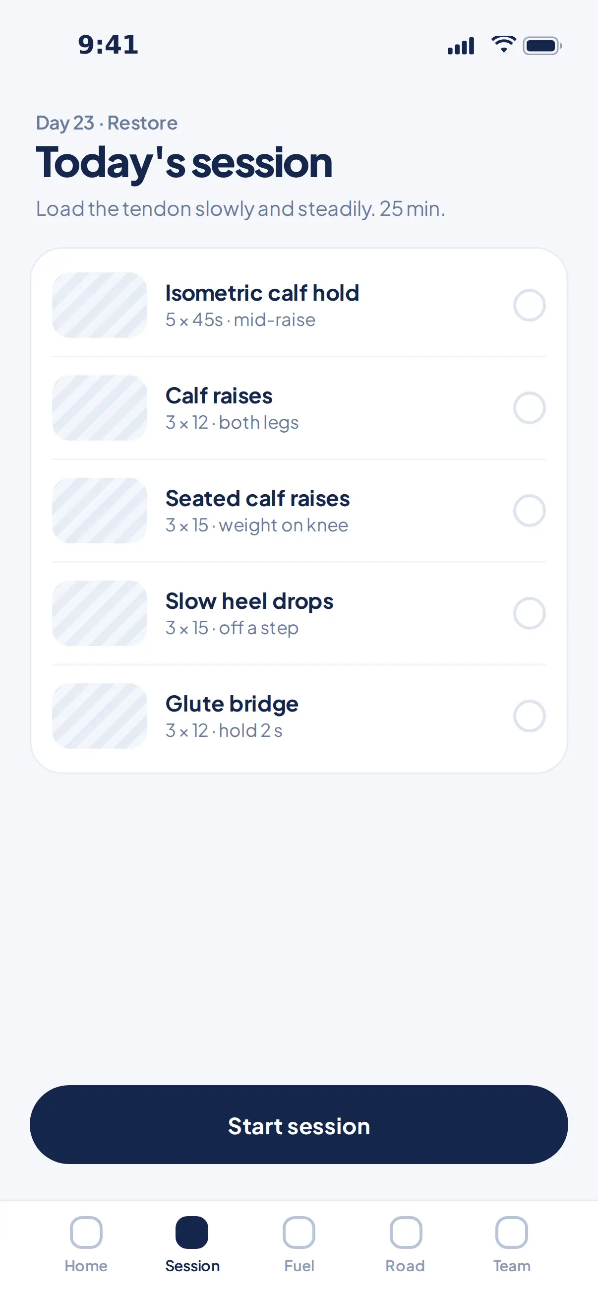 Tendonly Session tab: today's session with five Achilles exercises